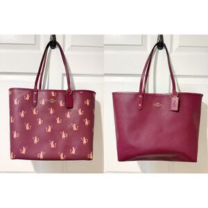 Coach Reversible City Tote Party Cat Print Maroon Berry Canvas Large Classic